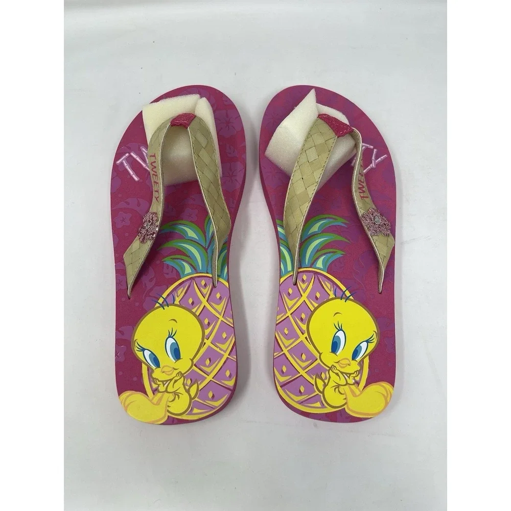 Tweety Bird Women's Flip Flops Pink Tropical Sandals Size M 7-8 Looney Tunes